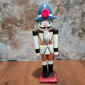 Vintage Nutcracker Wood Soldier Blue Hat Tan Red Pom Pom Wooden Christmas 14"